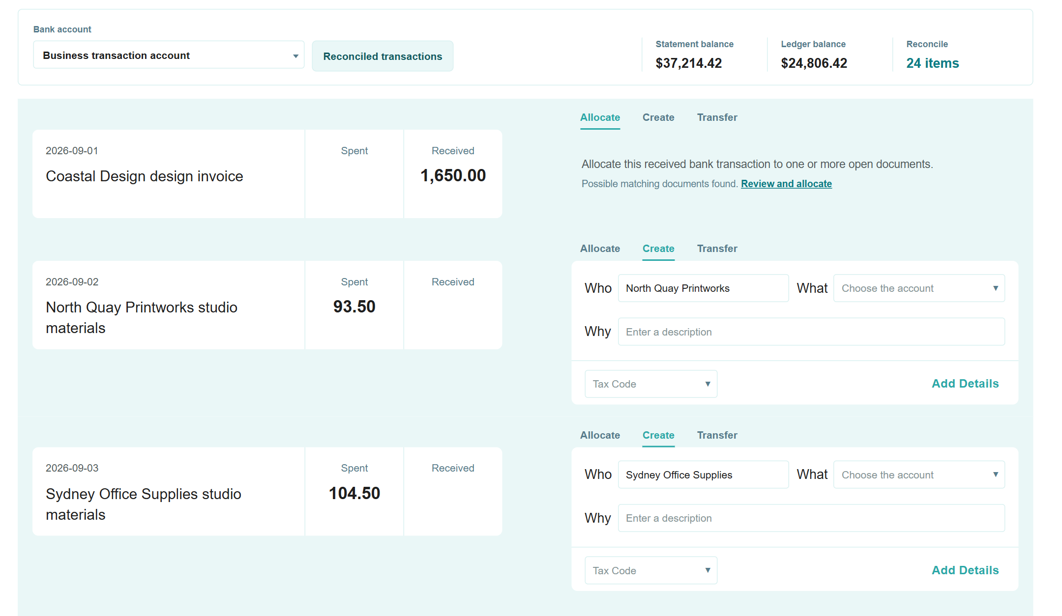 Ledra bank reconciliation with sample invoices and bank transactions