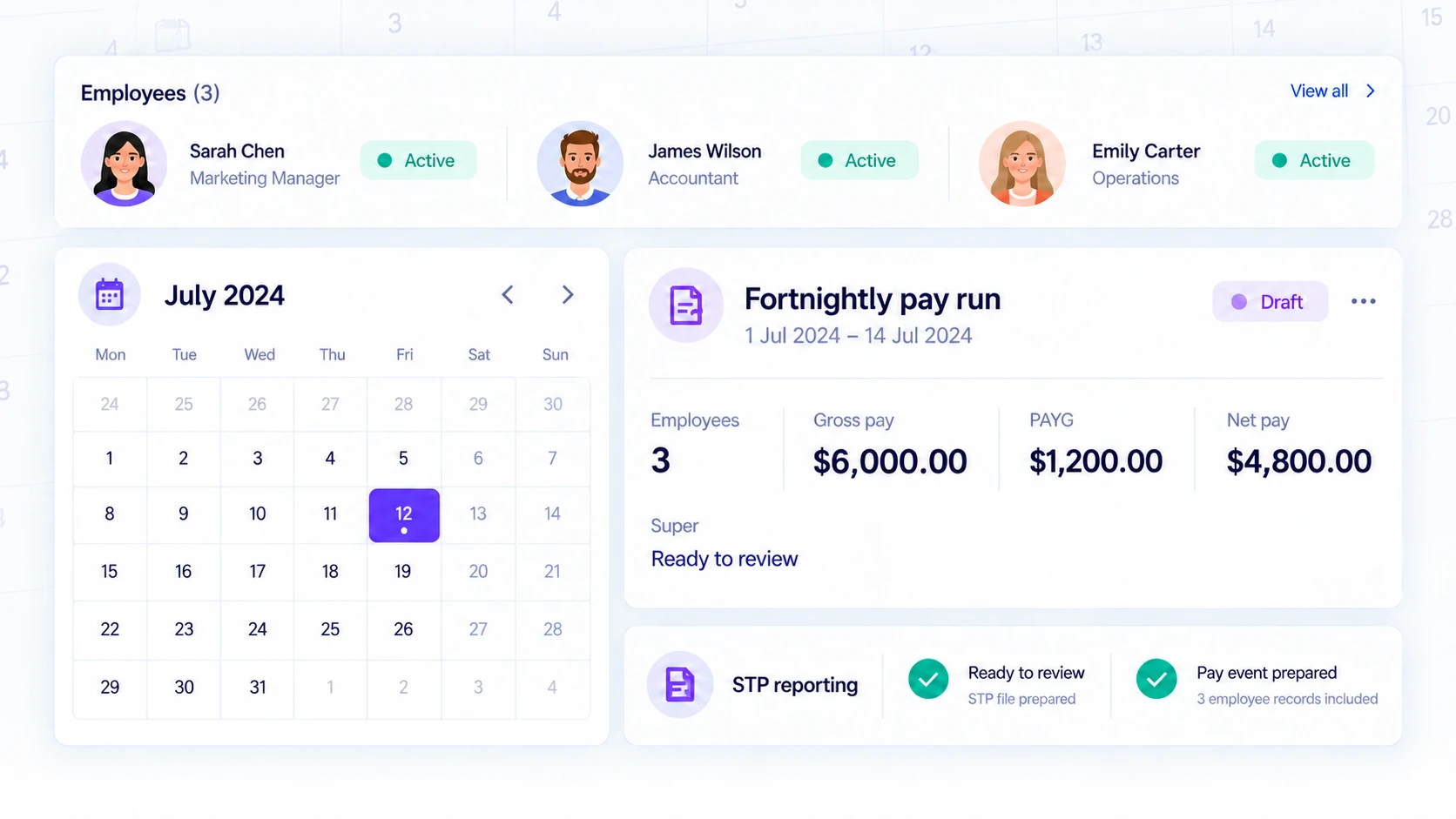 Illustrated sample pay run with an STP reporting panel and employee payroll totals