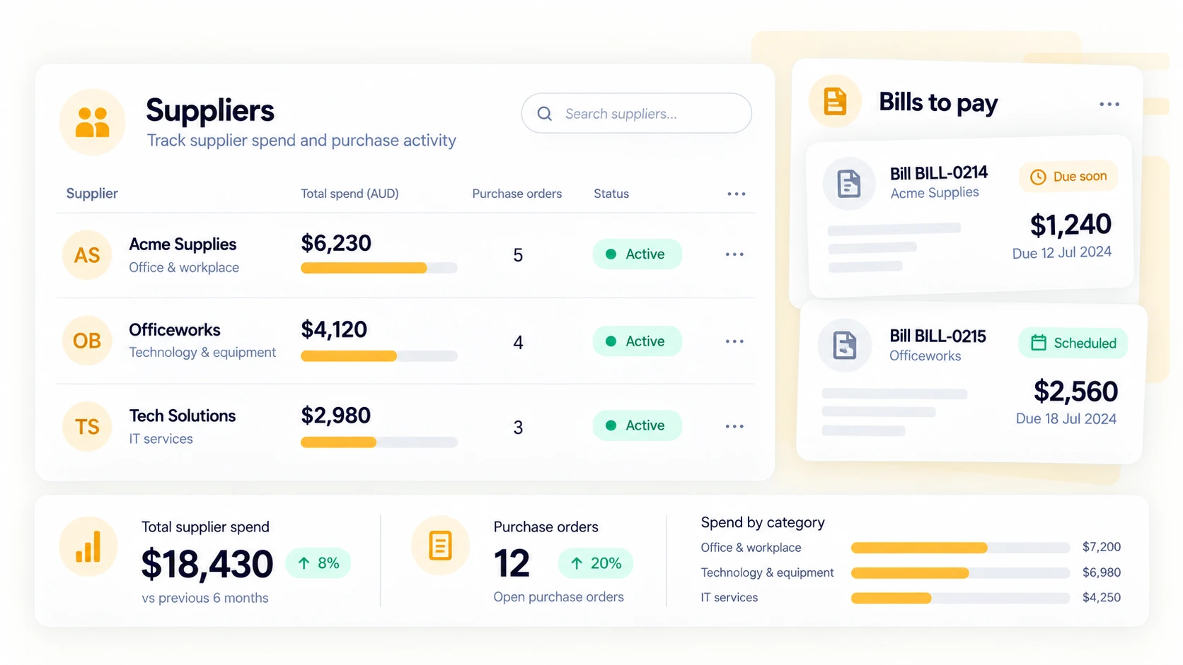 Amber supplier list with spend comparisons and a stack of bills to pay.