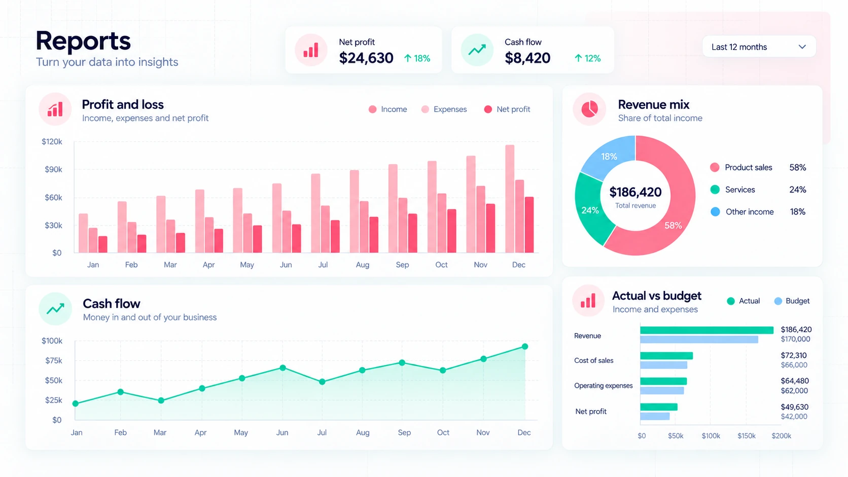 Coral analytics illustration with profit, cash flow, revenue mix and budget charts.